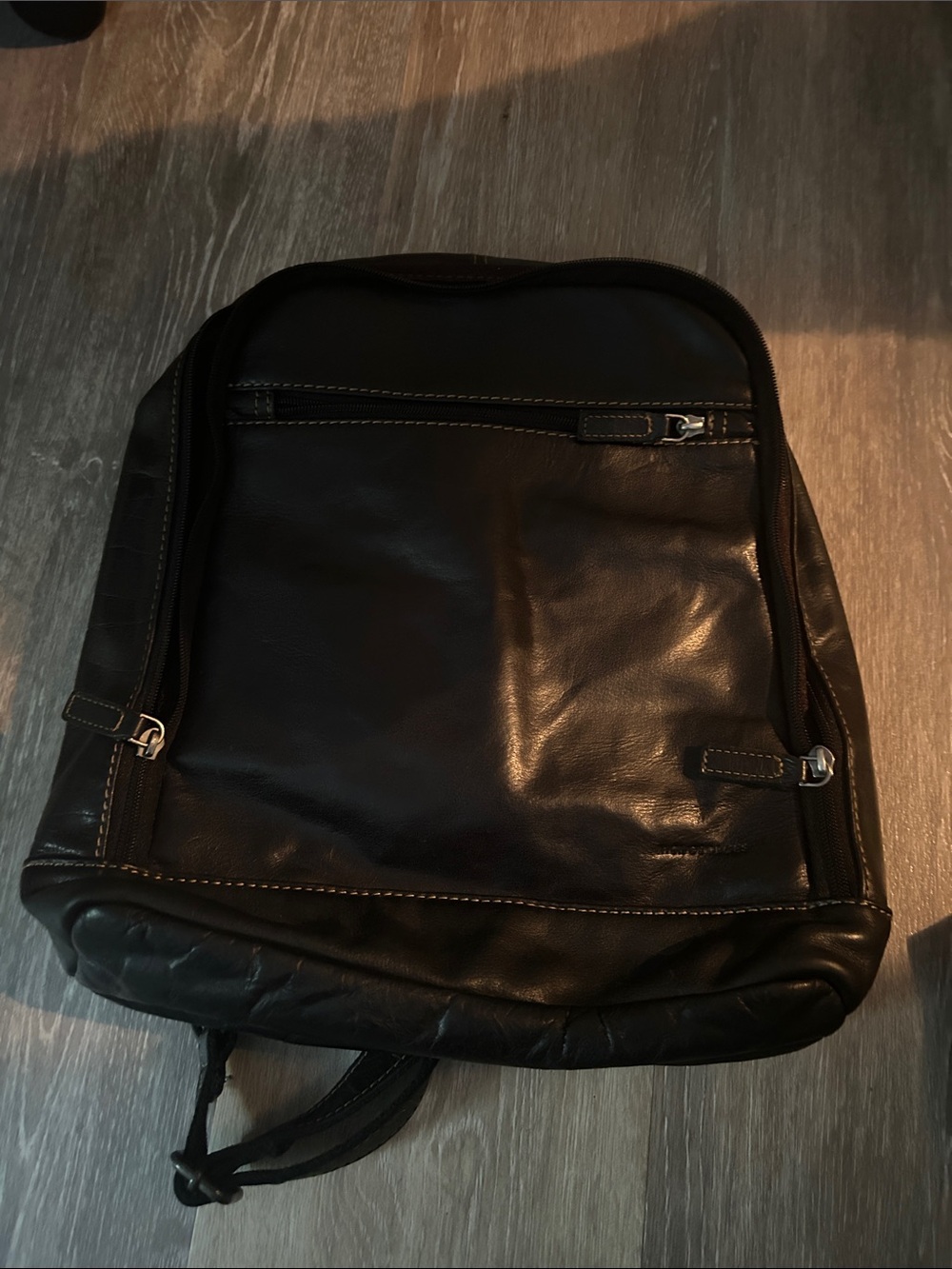 Men's Black Leather Backpack with Front Zip Pocket